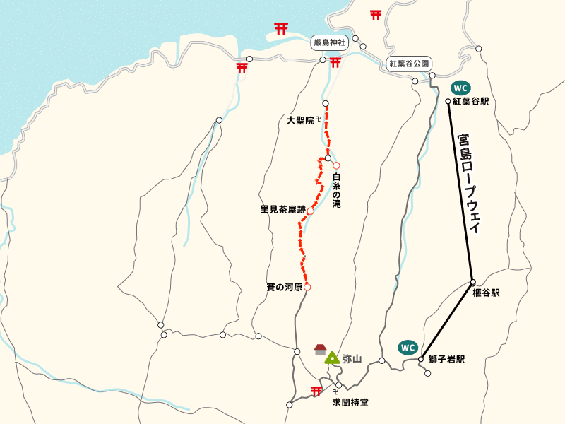 賽の河原から大聖院ルート登山口までのイラストマップ