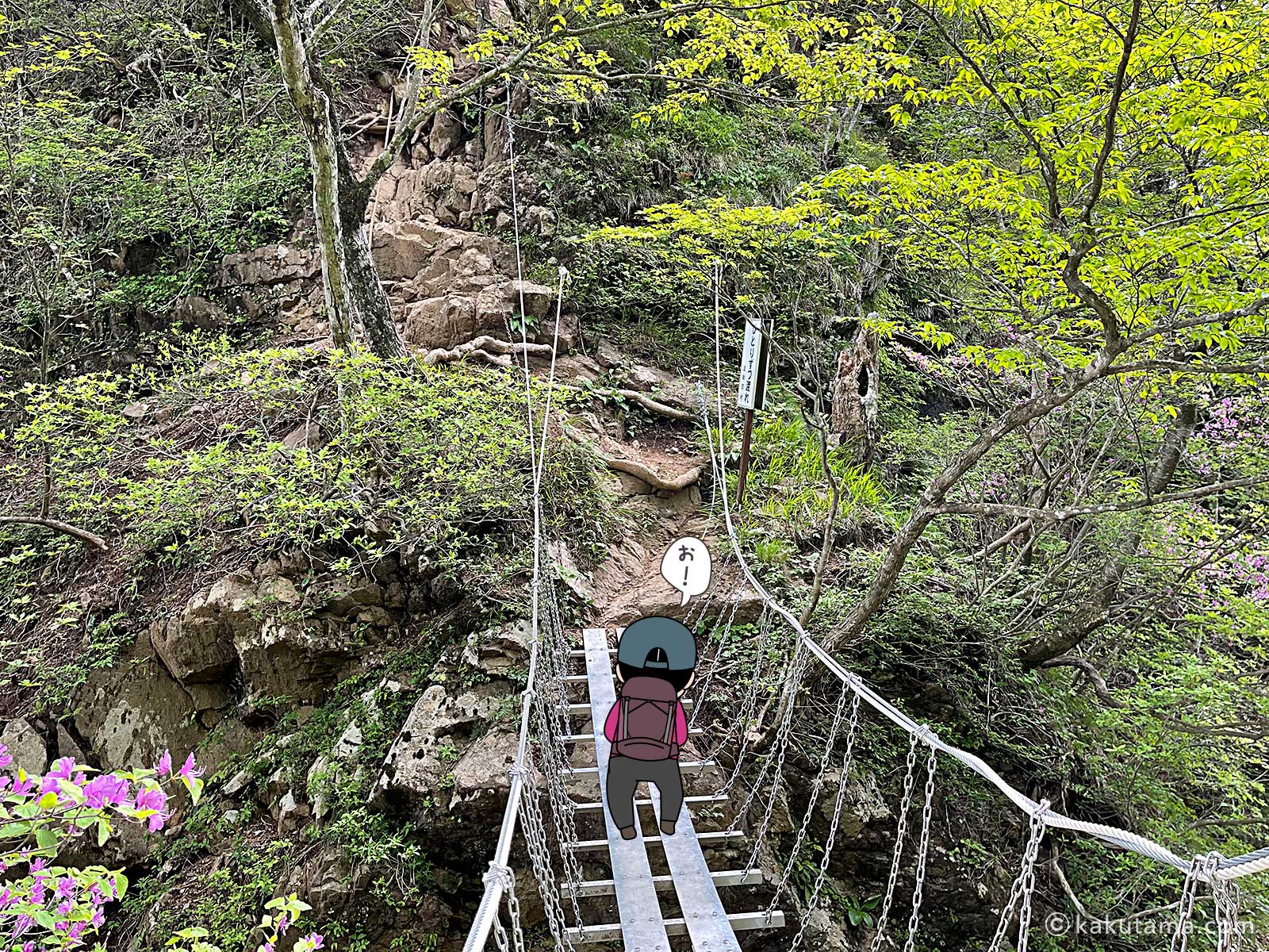十二ヶ岳核心部の吊り橋の写真と登山者のイラスト2