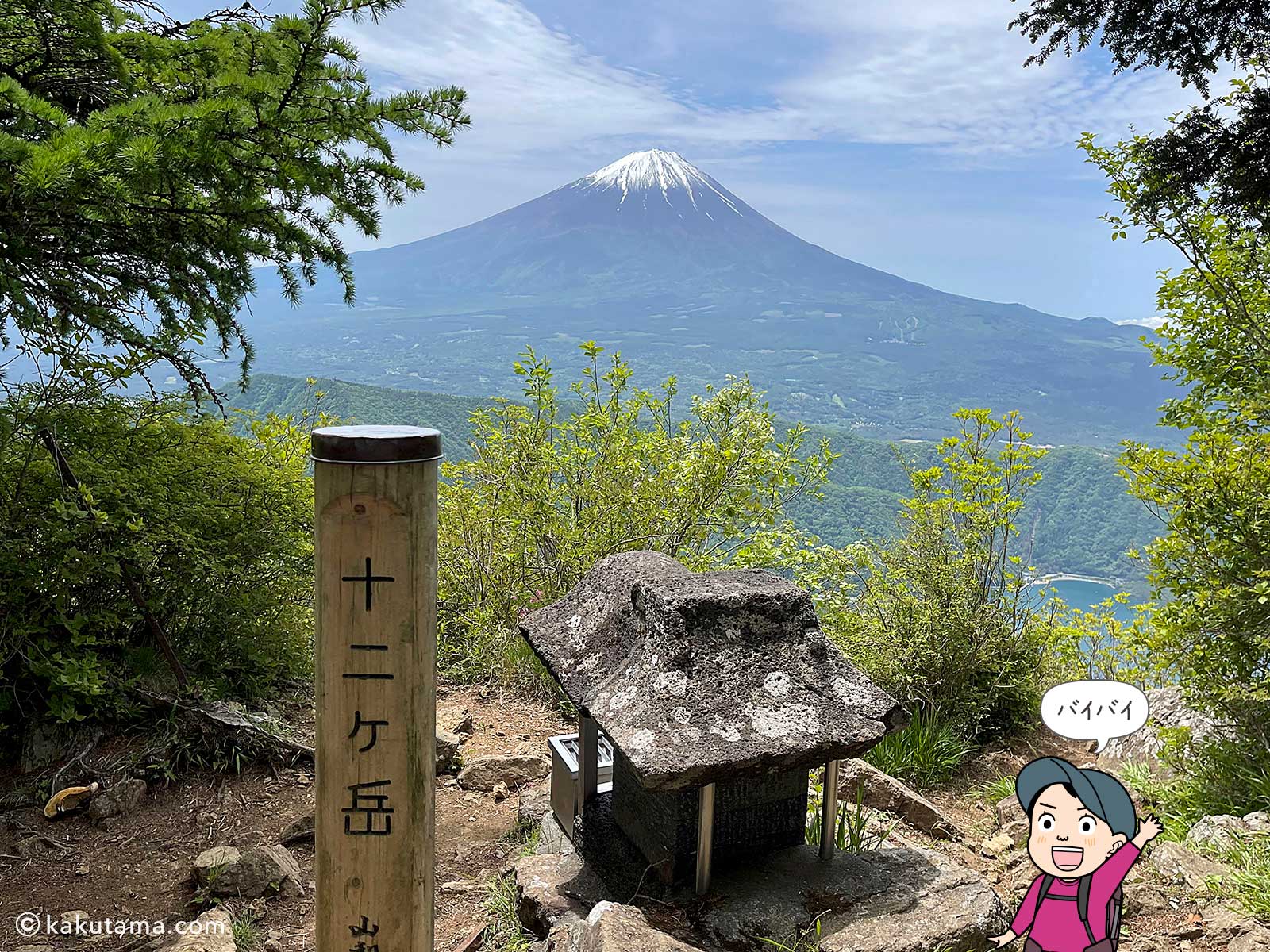十二ヶ岳山頂と富士山の写真と登山者のイラスト
