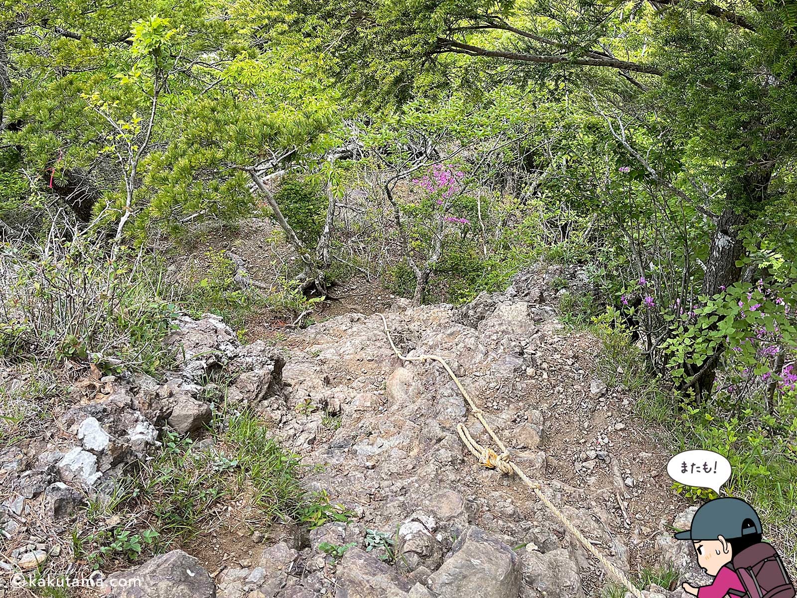 十二ヶ岳、桑留尾登山道の岩場を見下ろす写真と登山者のイラスト