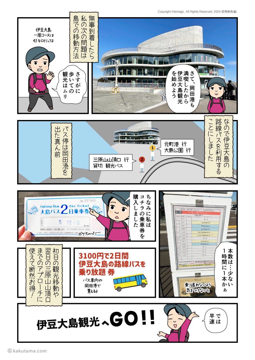 伊豆大島観光のために路線バスを利用、そして2日乗車券を購入する漫画
