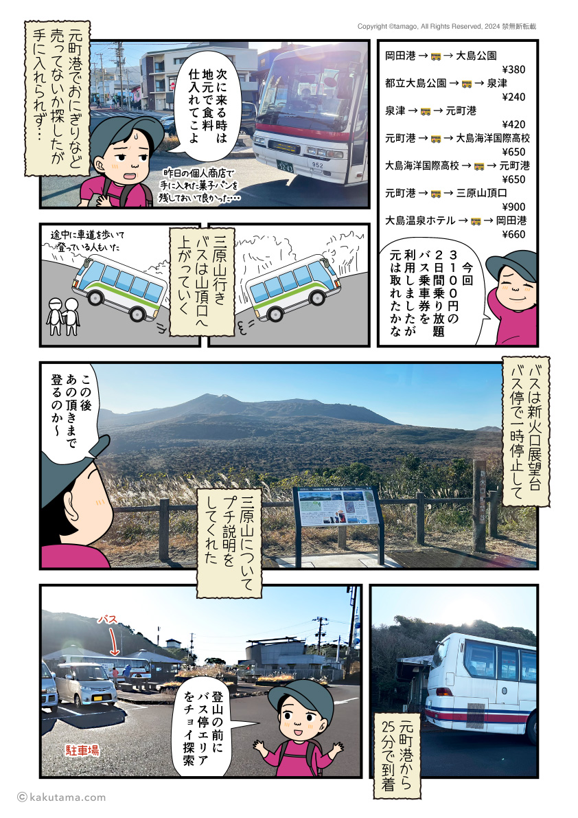 伊豆大島でかかったバス料金と三原山頂口へ移動するマンガ