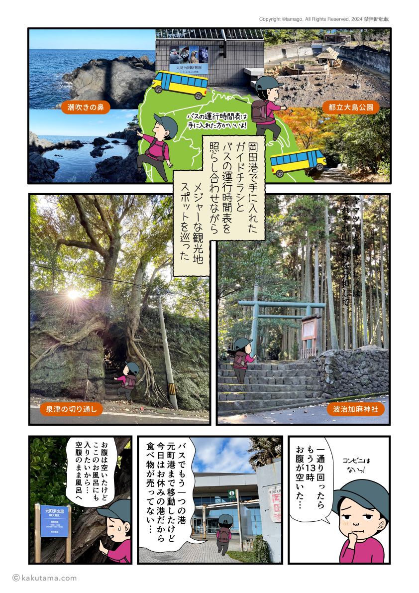 伊豆大島を観光する登山者の漫画