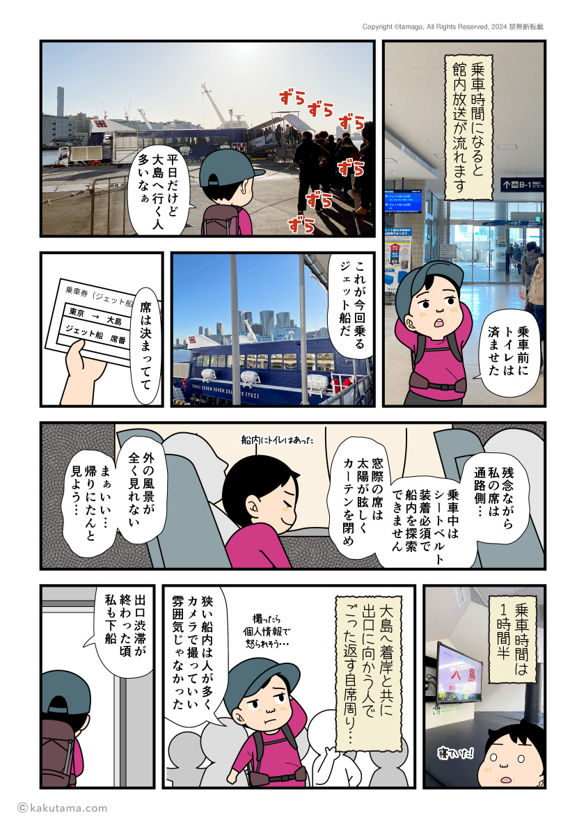 竹芝客船ターミナルから伊豆大島へ向かってジェット船に乗った登山者の漫画