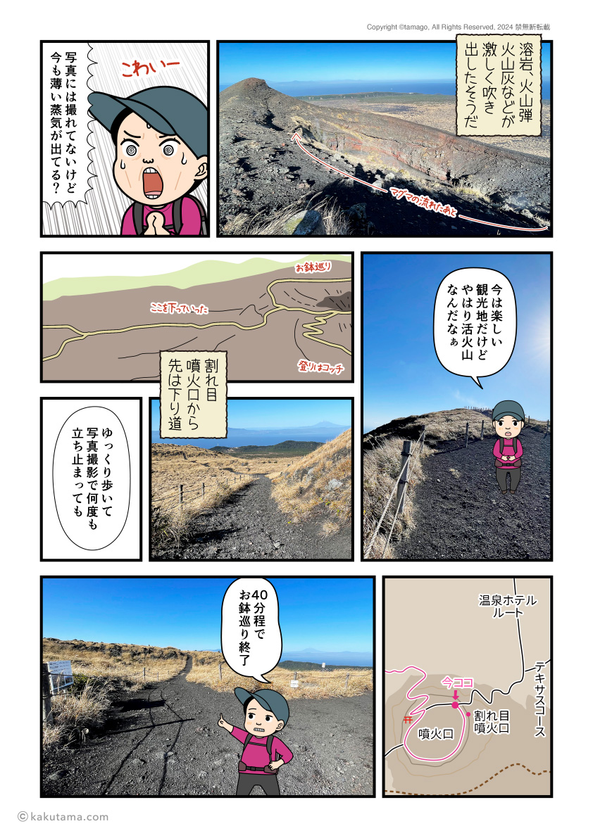 伊豆大島三原山の割れ目噴火口を見る登山者の漫画