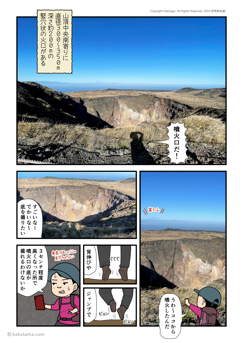 伊豆大島三原山の噴火口を見る登山者の漫画
