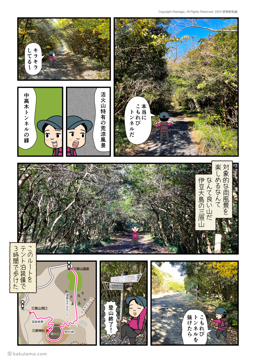 伊豆大島三原山のこもれびトンネルを通って温泉ホテルへ下山した登山者の漫画
