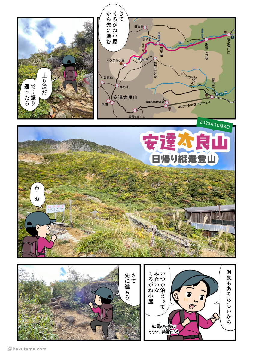 くろがね小屋から安達太良山山頂を目指して歩き出した登山者の漫画