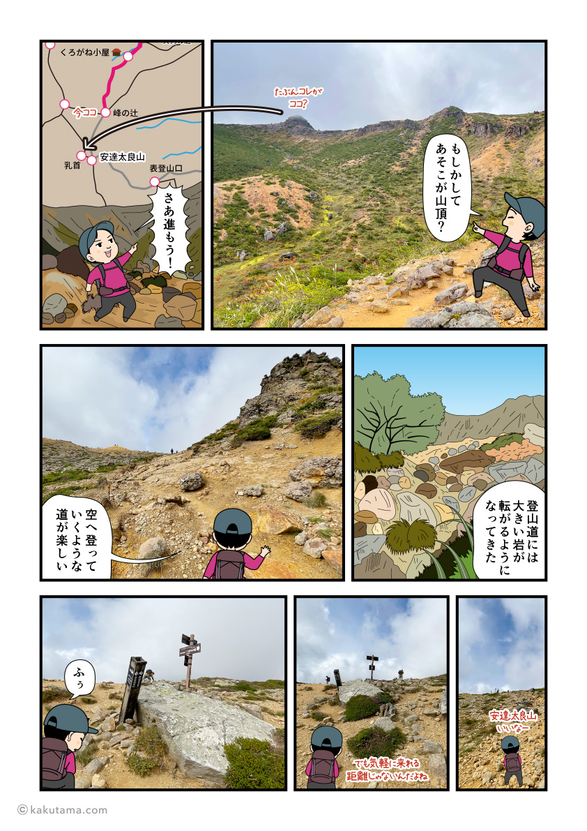 峰の辻から安達太良山へ向かって登っていく登山者の漫画