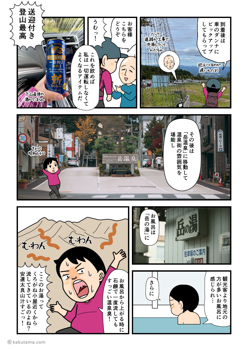 安達太良山登山からの下山後に岳温泉に行ってお風呂に入る漫画