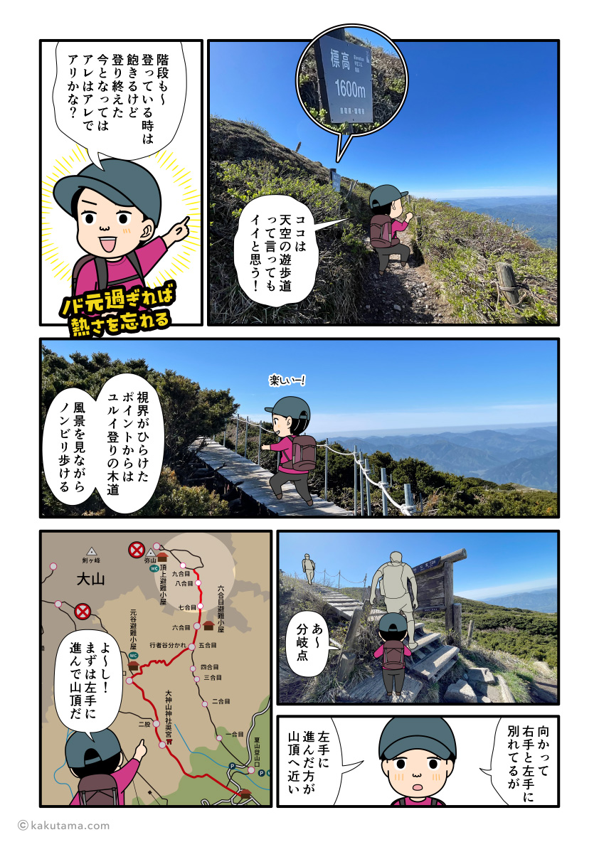 鳥取大山の夏山登山道の山頂近くの木道を楽しんで歩く登山者の漫画