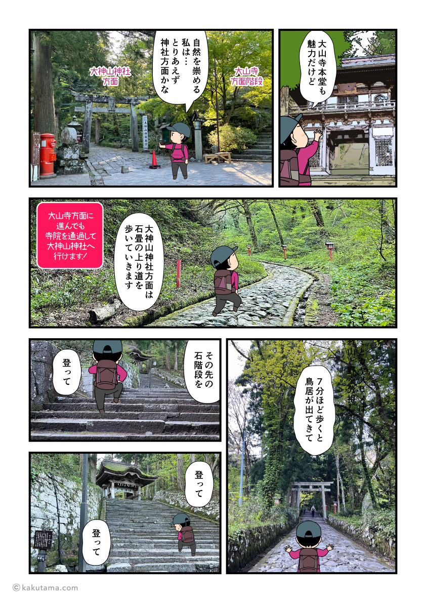 大山登山ルート上にある大山寺本堂や大神山神社を通って登山を始めようとする登山者の漫画