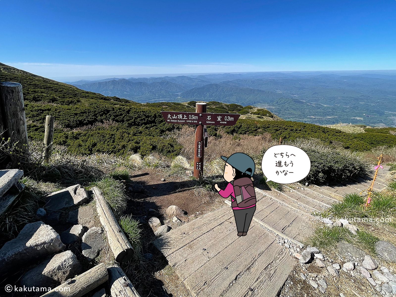 鳥取大山の木道分岐点の写真と登山者のイラスト
