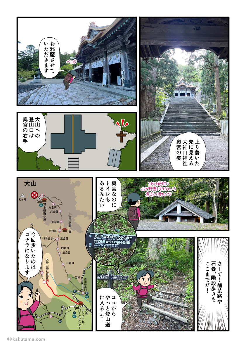 大神山神社を通って、大山への登山口を通過する登山者の漫画