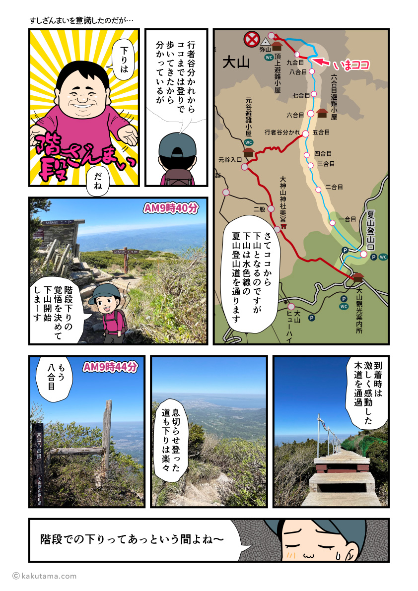 鳥取大山の山頂エリアから下山を開始し、あっという間に八合目まで降りてきた登山者の漫画