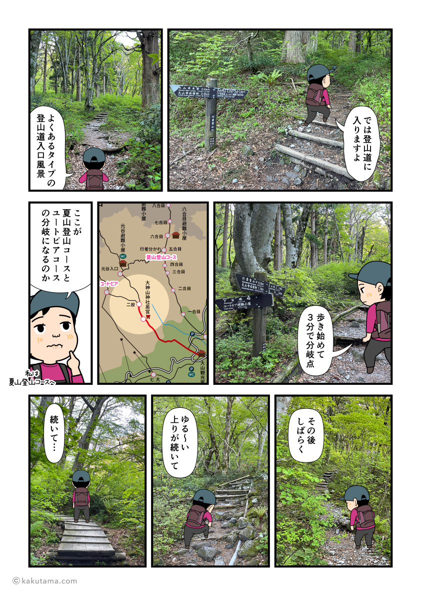 大神山神社から鳥取大山の弥山へ向かって上り始める登山者の漫画