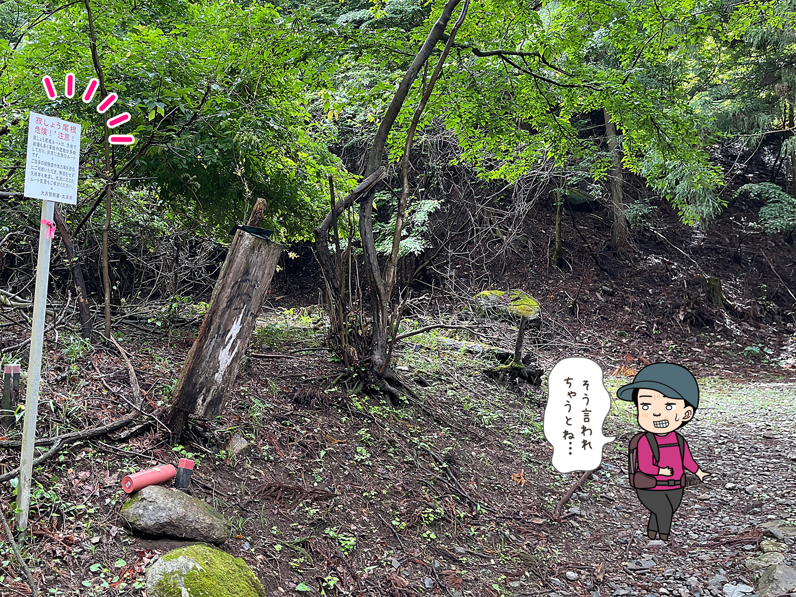 滝子山、寂しょう尾根の分岐点の写真と登山者のイラスト