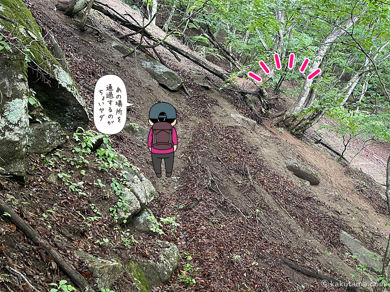 滝子山スミ沢ルートの難所ルートを進む写真と登山者のイラスト