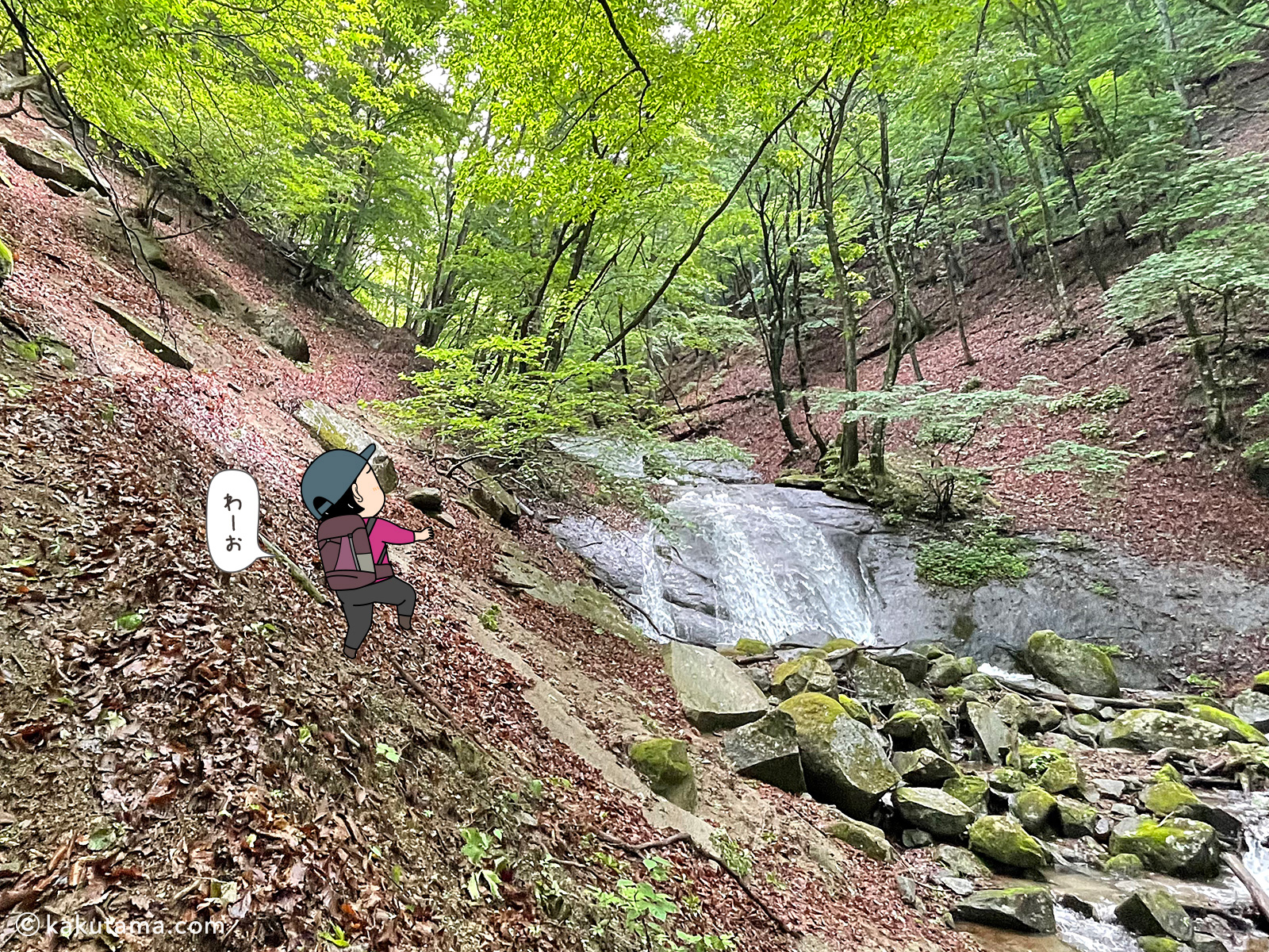 滝子山スミ沢ルートの難所ルートにある滝の写真と登山者のイラスト