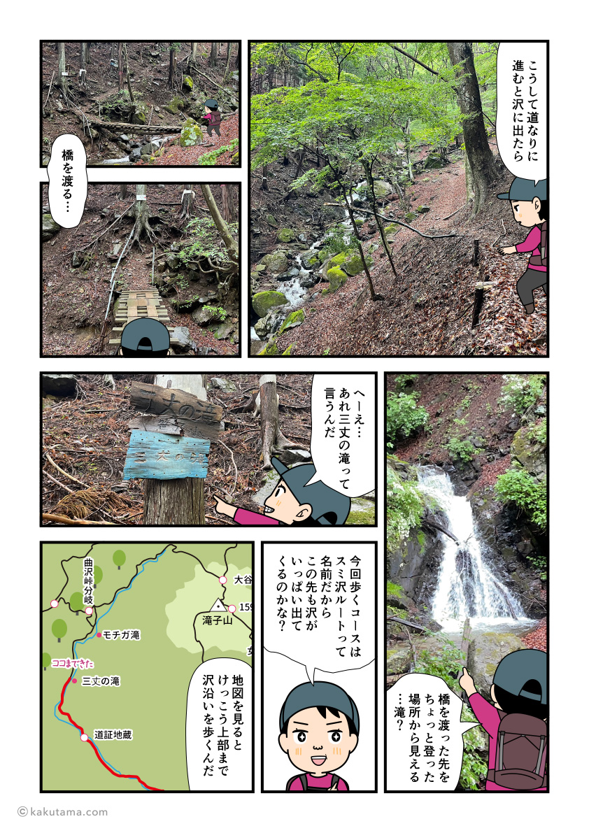 滝子山スミ沢ルートの三丈の滝に着いた登山者の漫画