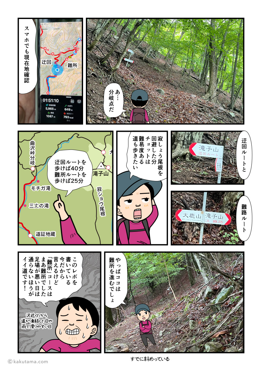 滝子山迂回ルートと難所ルートの分岐点に着いた登山者の漫画