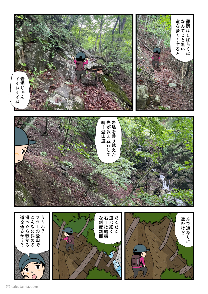 滝子山難所ルートを歩き始める登山者の漫画