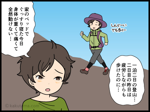 下山後に筋肉痛とむくみで動きづらい登山者の漫画