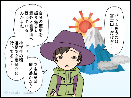 今まで一番多く登った山を考えるとざn登山者の4コマ漫画