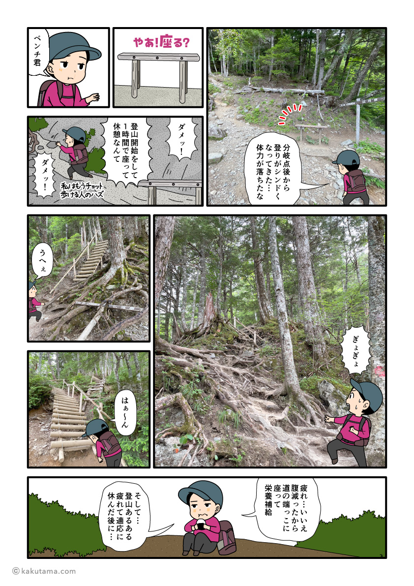 白根御池小屋へ向けて登山道を登る登山者の漫画