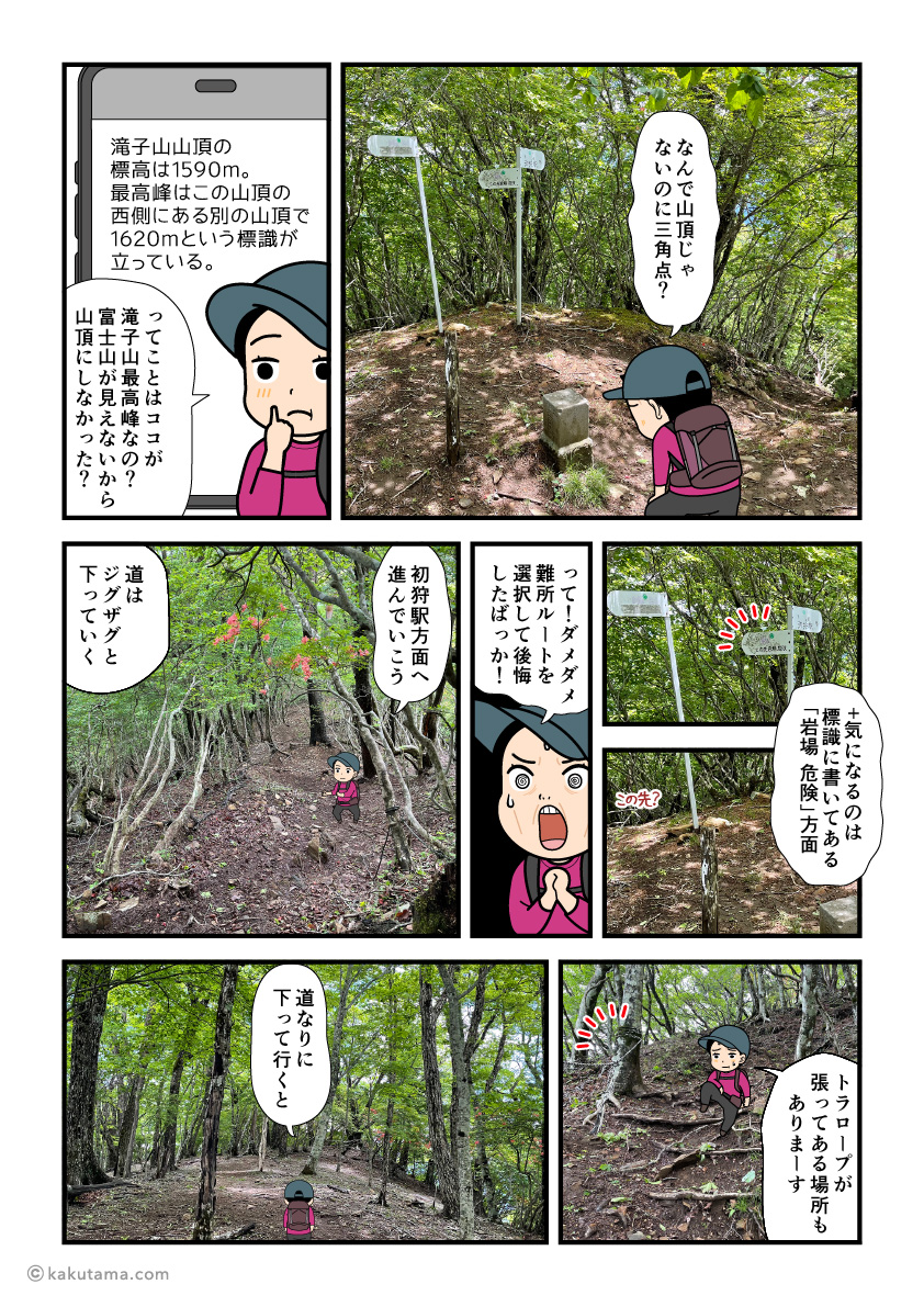 滝子山の三角点を見る登山者の漫画