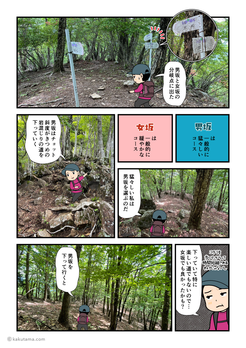 滝子山の男坂と女坂の分岐点まで来て、男坂を選んで下山をする登山者の漫画