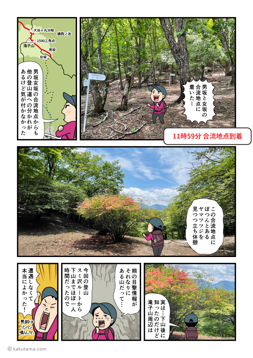 滝子山の男坂から下山し女坂との合流地点に着いた登山者の漫画