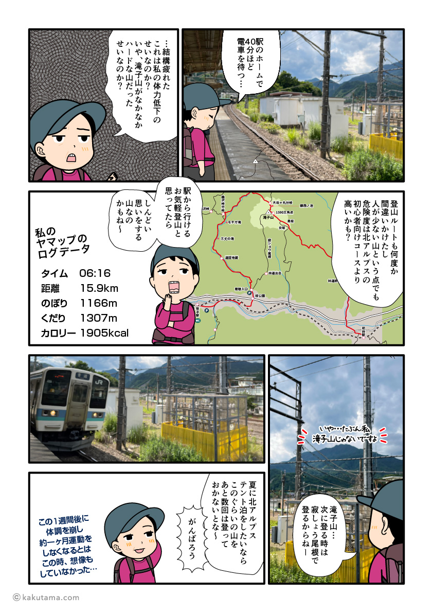 初狩駅のホームで滝子山登山の思い出を振り返る登山者の漫画