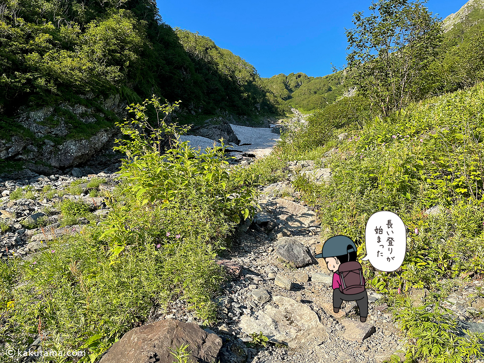 北岳、大樺沢二俣を登る写真と登山者のイラスト