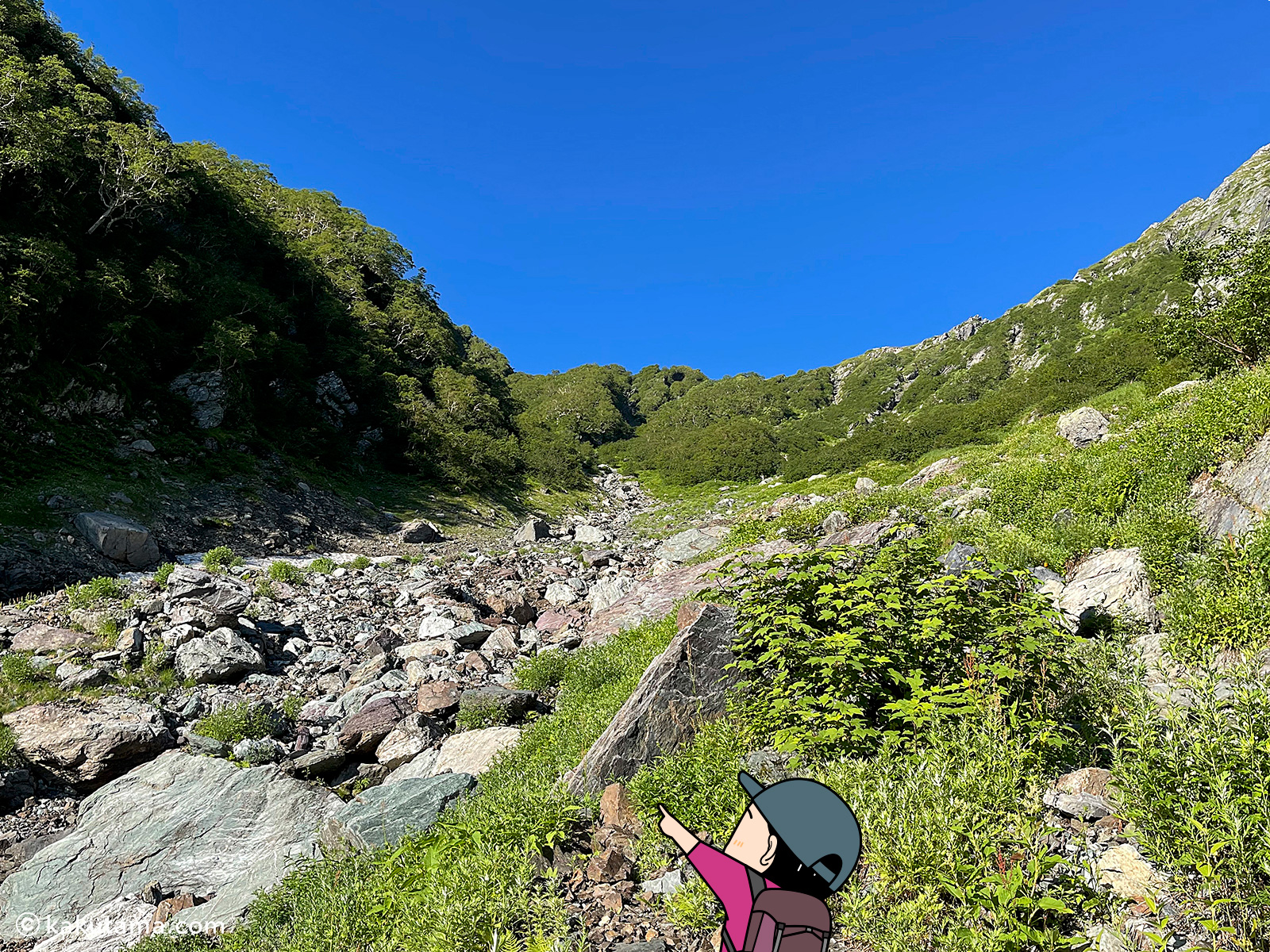 北岳、大樺沢二俣を登る写真と登山者のイラスト