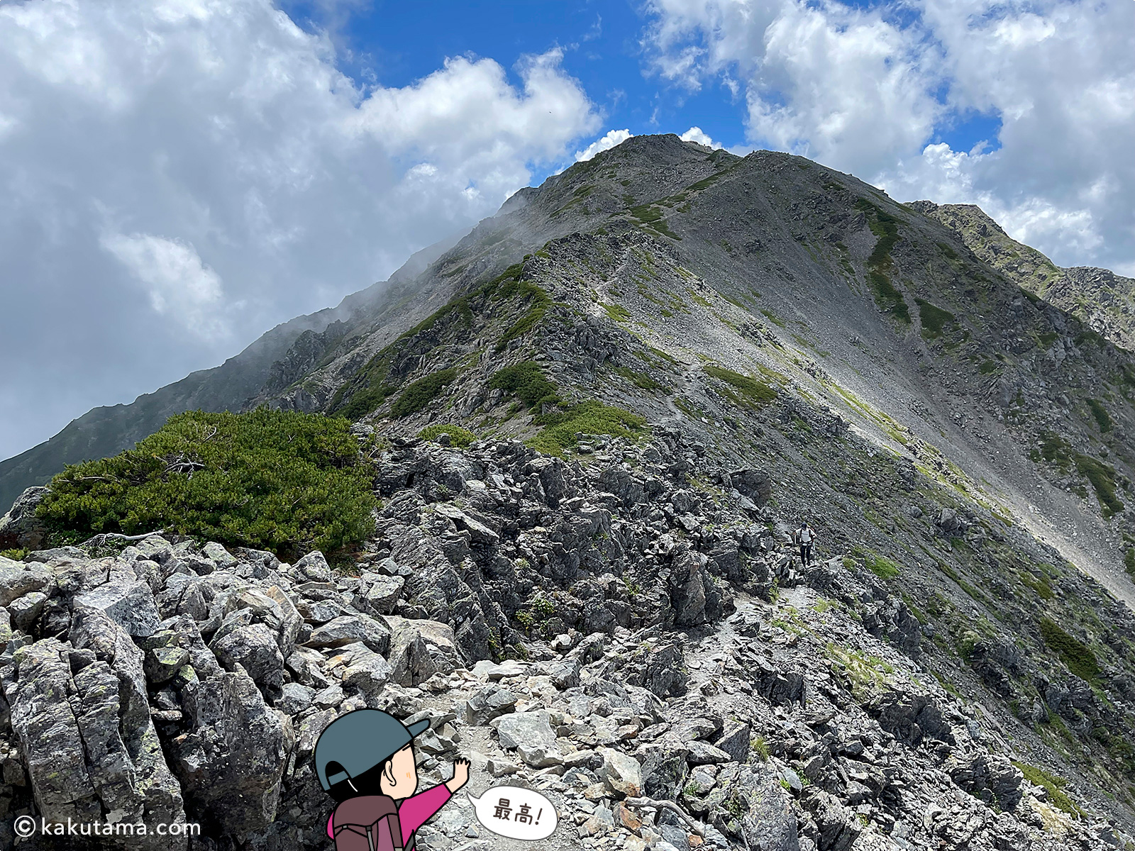 中白峰から見た間ノ岳の写真と登山者のイラスト