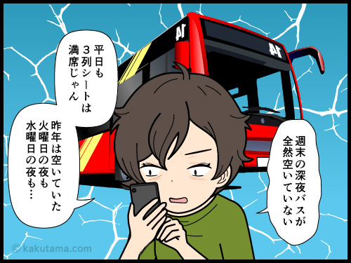 登山バスを予約しようとしたら、予約で一杯で席がないことを嘆く登山者の4コマ漫画