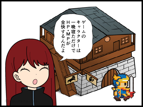 宿屋で体力が完全復活するゲームのキャラが羨ましい登山者の4コマ漫画