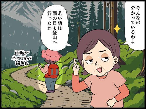 雨の日登山もしたいが、高齢なのでできるだけリスクをおさえた登山がしたいと思う中高年登山者の4コマ漫画