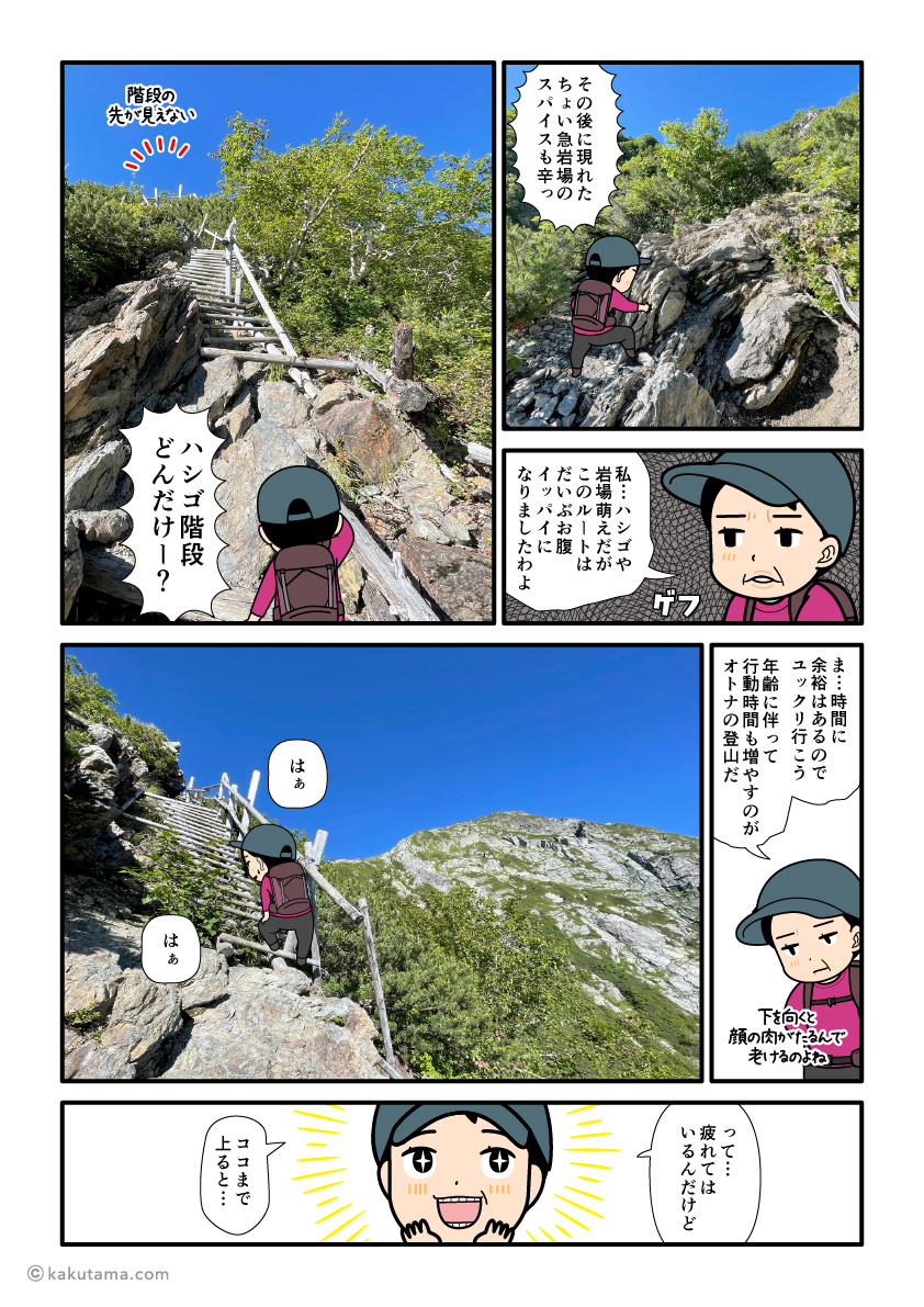 北岳左俣ルートから八本歯のコルを目指してハシゴ階段を上る登山者の漫画