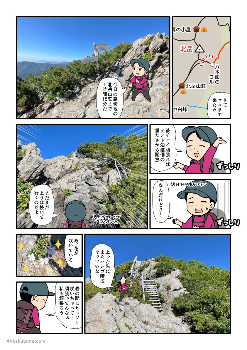 北岳、八本歯のコルから北岳方面に向かって上り始める登山者の漫画