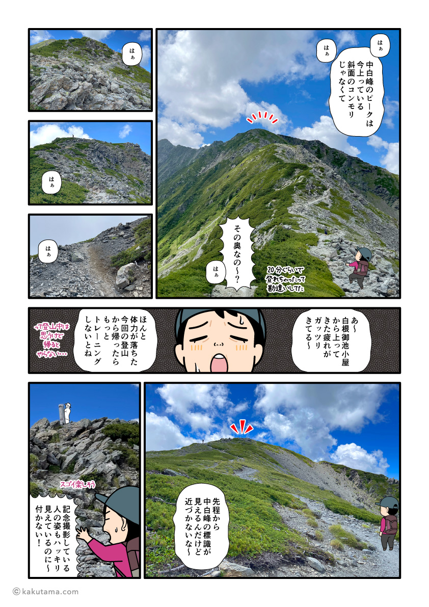 北岳山荘から中白峰へ向かって歩き出す登山者の漫画とイラスト