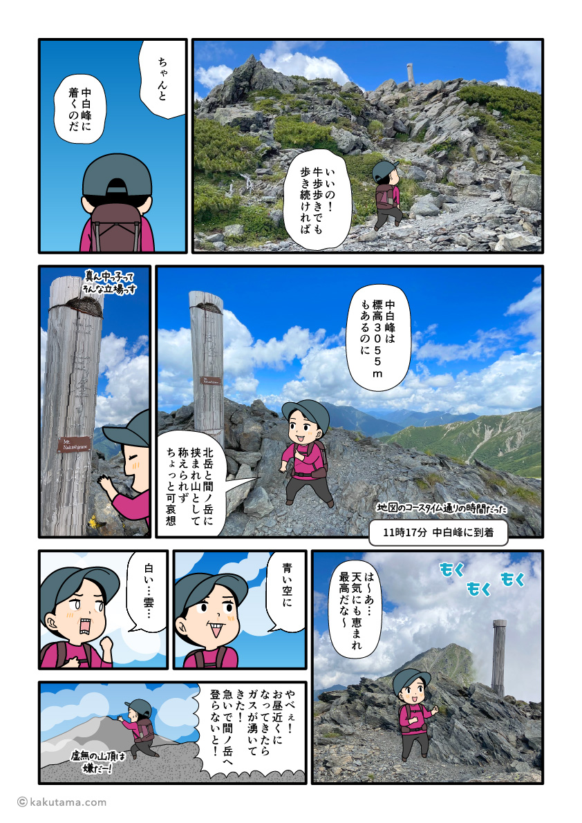 北岳山荘から中白峰へ向かって歩き出し、中白峰に着いた登山者の漫画とイラスト