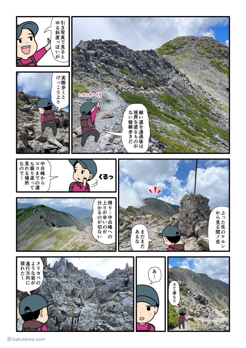 中白峰から間ノ岳への道は気持ち良い稜線歩きの漫画とイラスト