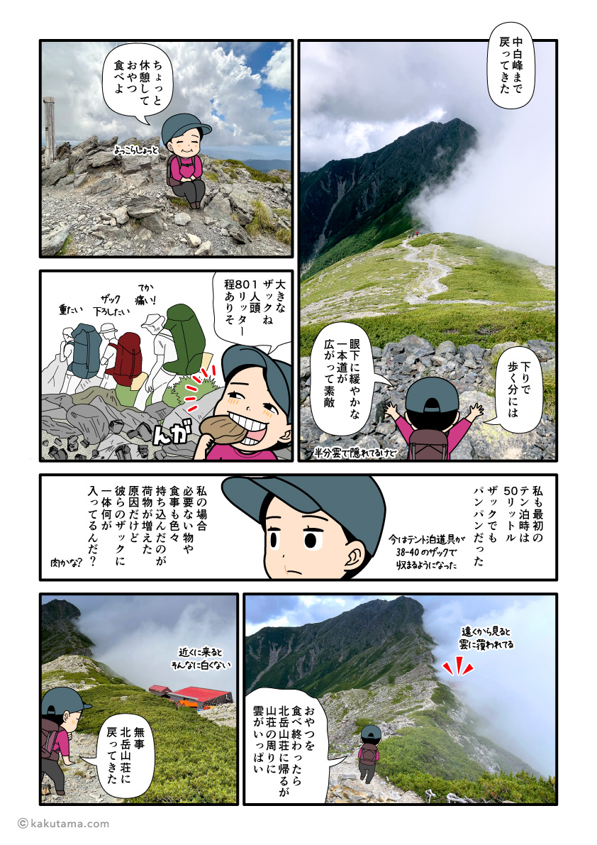 中白峰から北岳山荘へ帰る登山者の漫画とイラスト