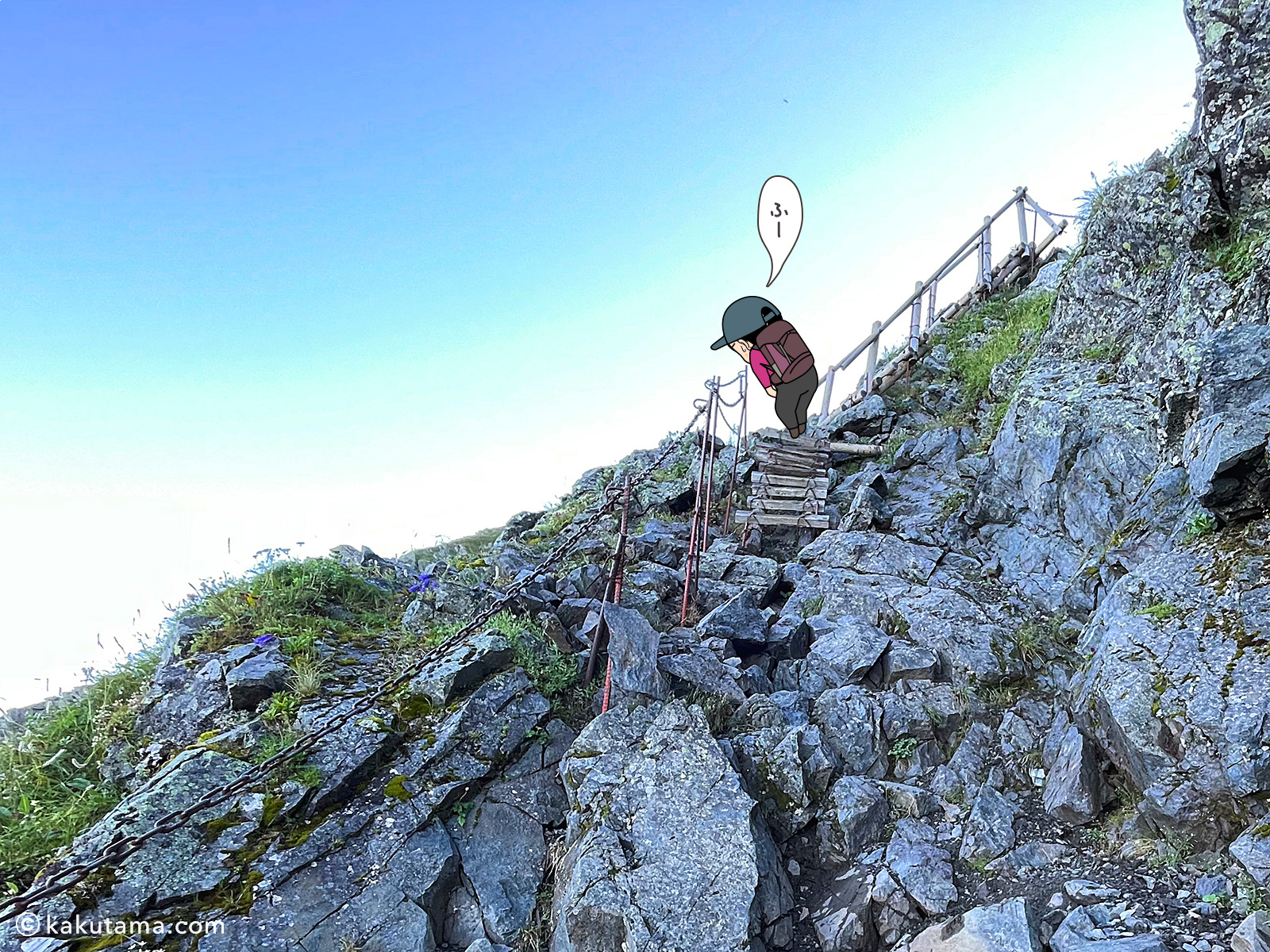 北岳山頂吊尾根の写真と登山者のイラスト