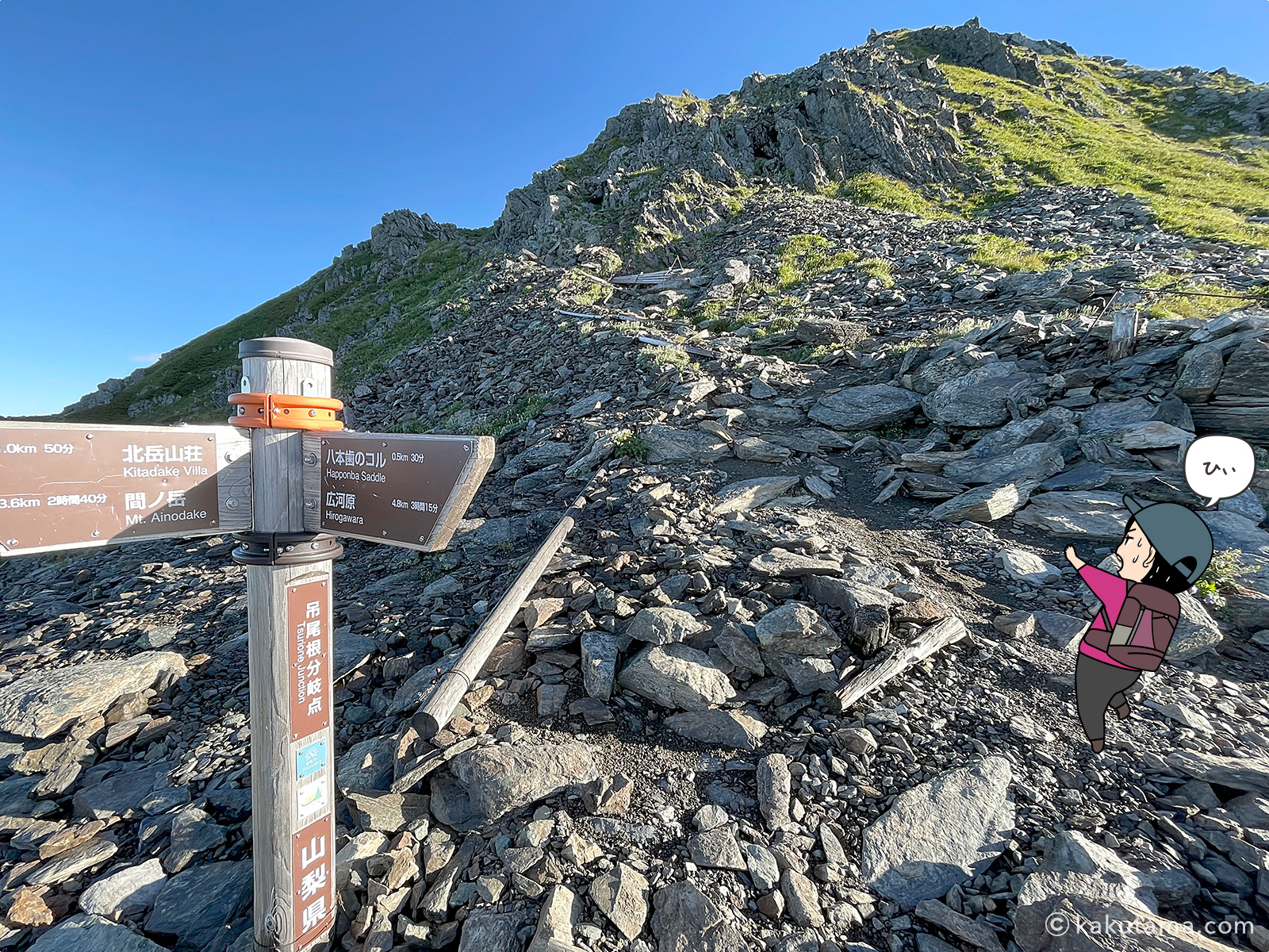 北岳山頂近くの吊尾根分岐点の標識の写真と登山者のイラスト