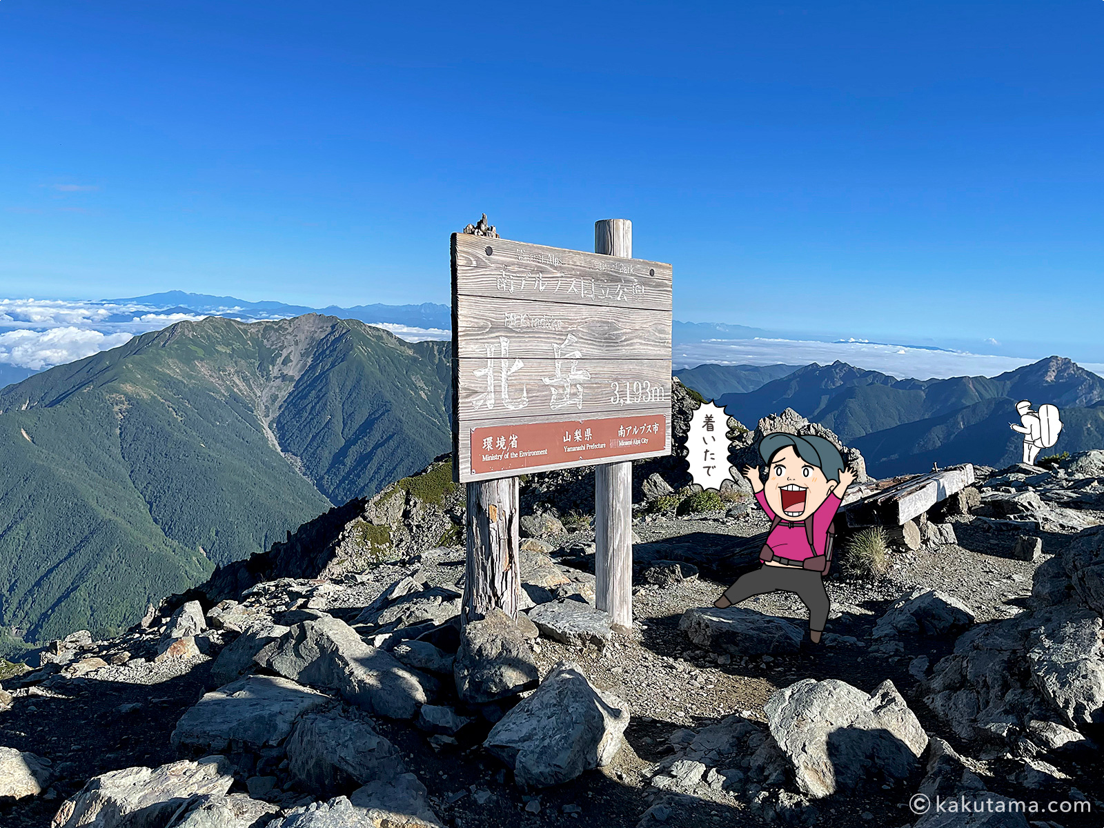 北岳山頂の標識の写真と登山者のイラスト