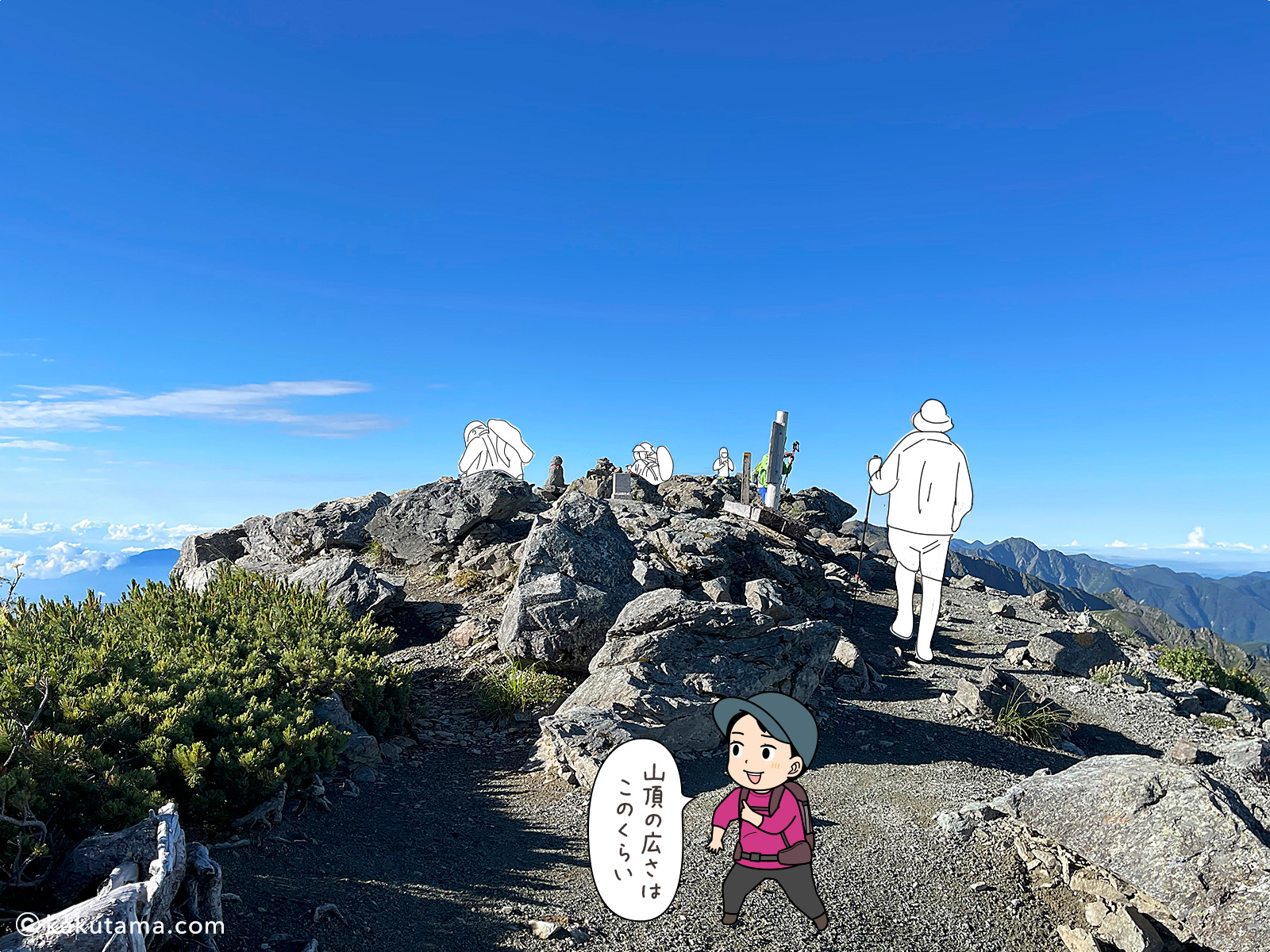 北岳山頂の広さの写真と登山者のイラスト