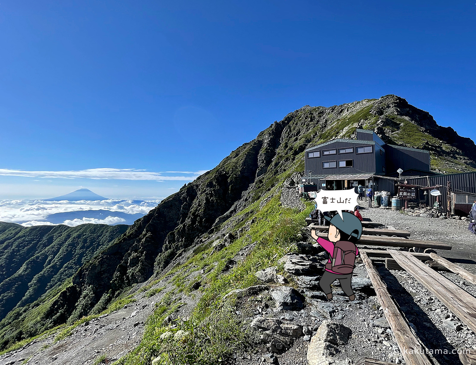 北岳肩の小屋と富士山の写真と登山者のイラスト
